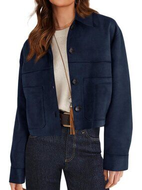 Women's Faux Suede Cropped Jacket Fall Fashion Winter Coats Outerwear Navy Blue